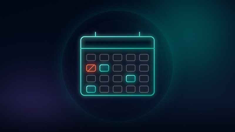A wall calendar year with term weeks marked in teal