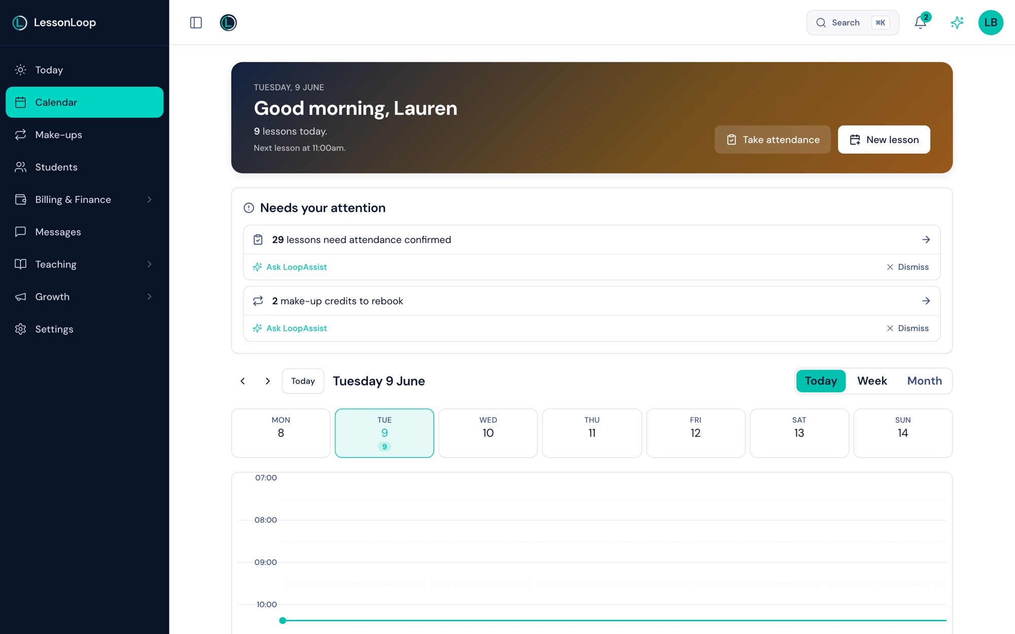The LessonLoop calendar — today view