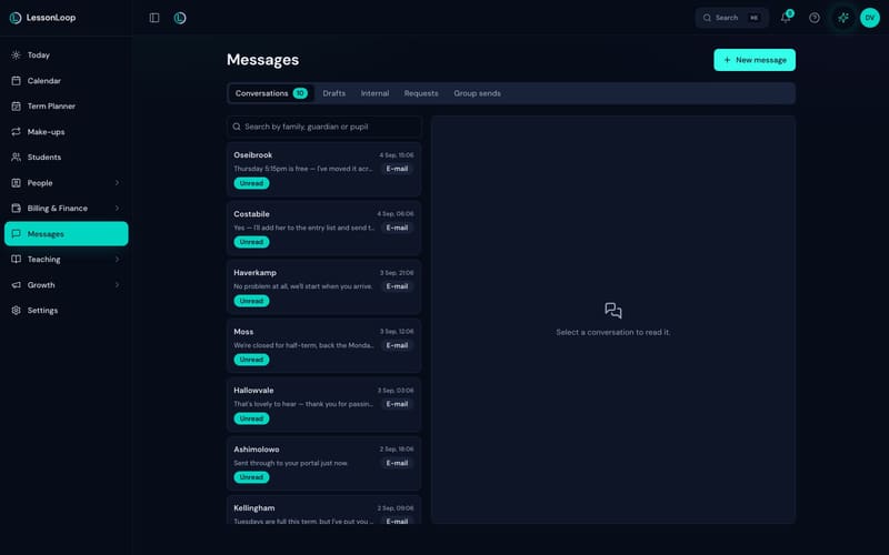 The LessonLoop messages inbox with conversations, drafts, internal notes, requests and group sends