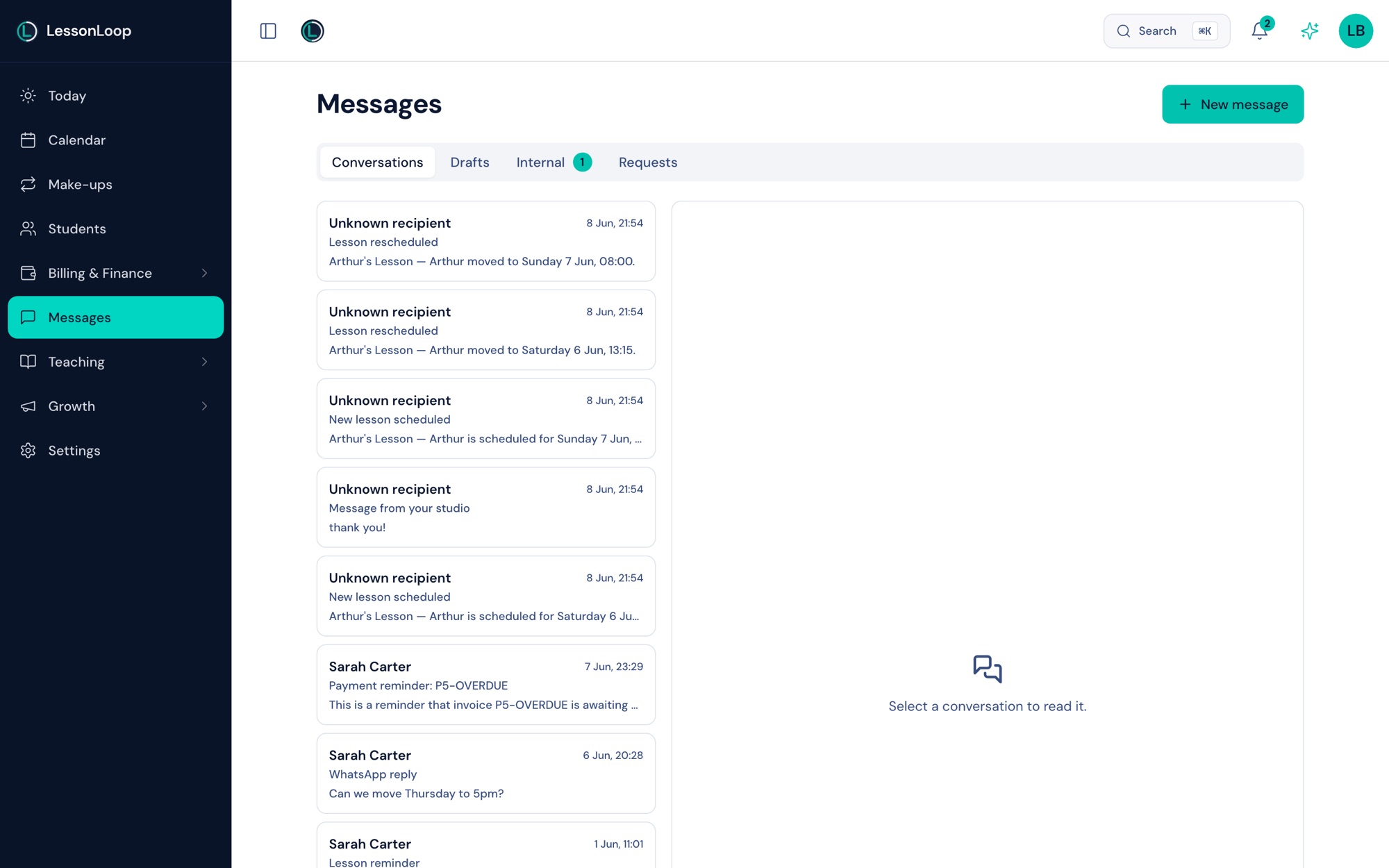 Studio messaging inbox