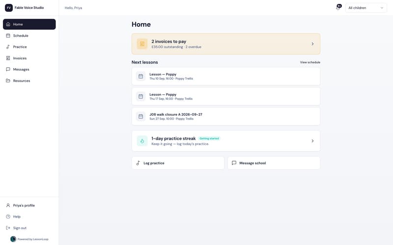 The LessonLoop parent portal on a school’s own domain, showing the next lesson, the balance and recent messages