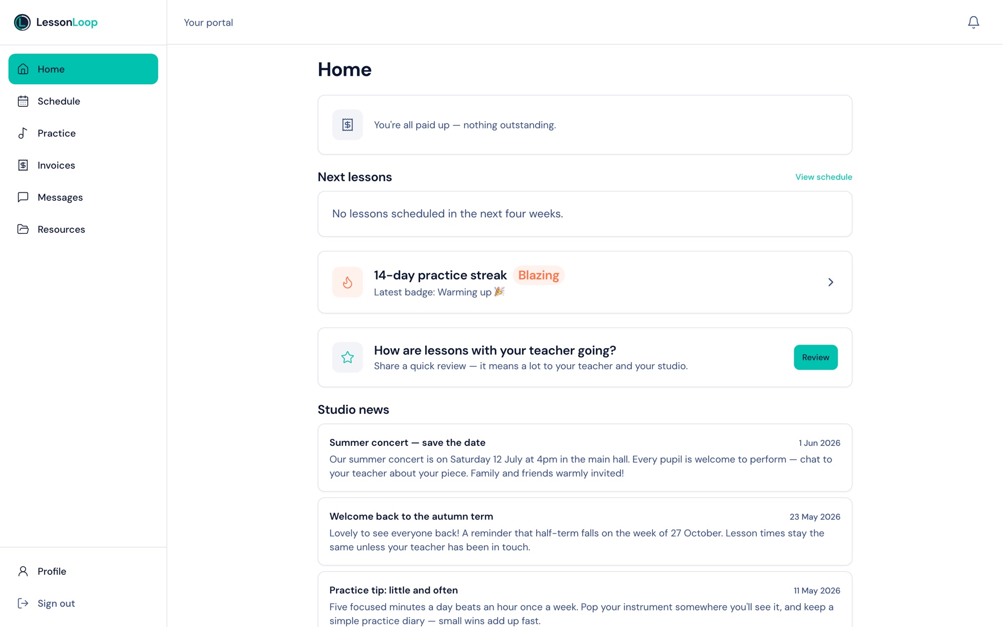 Parent portal home