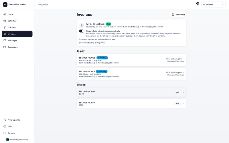 A parent’s invoices and Direct Debit card in the LessonLoop portal
