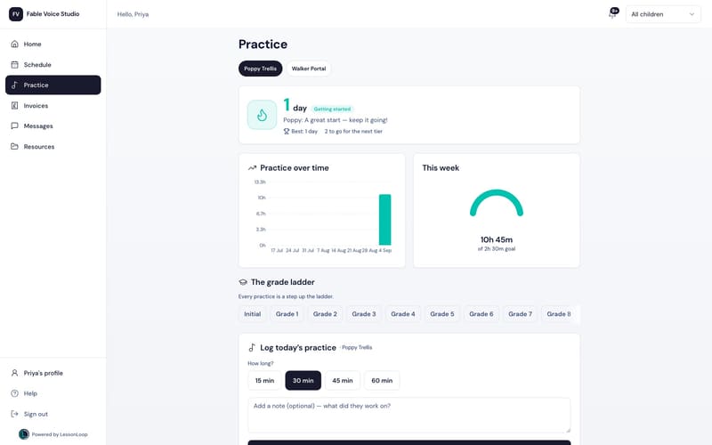 Parent portal practice streaks