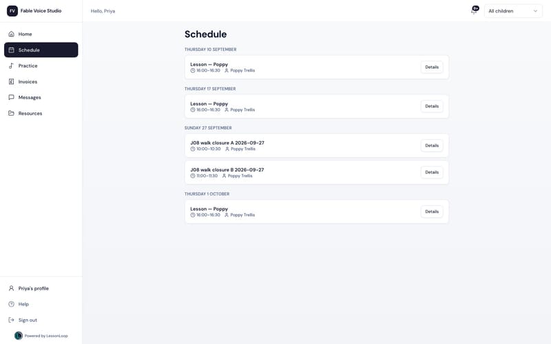 A parent’s term schedule in the LessonLoop portal
