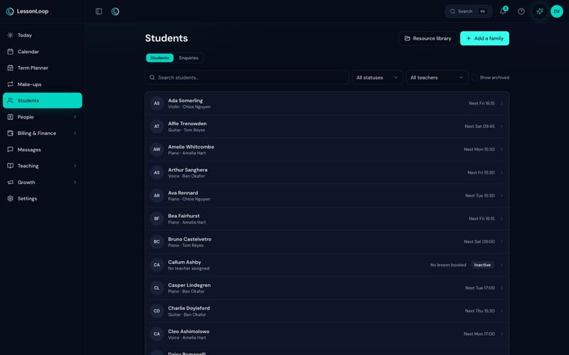 The LessonLoop pupil list with subjects and lesson details